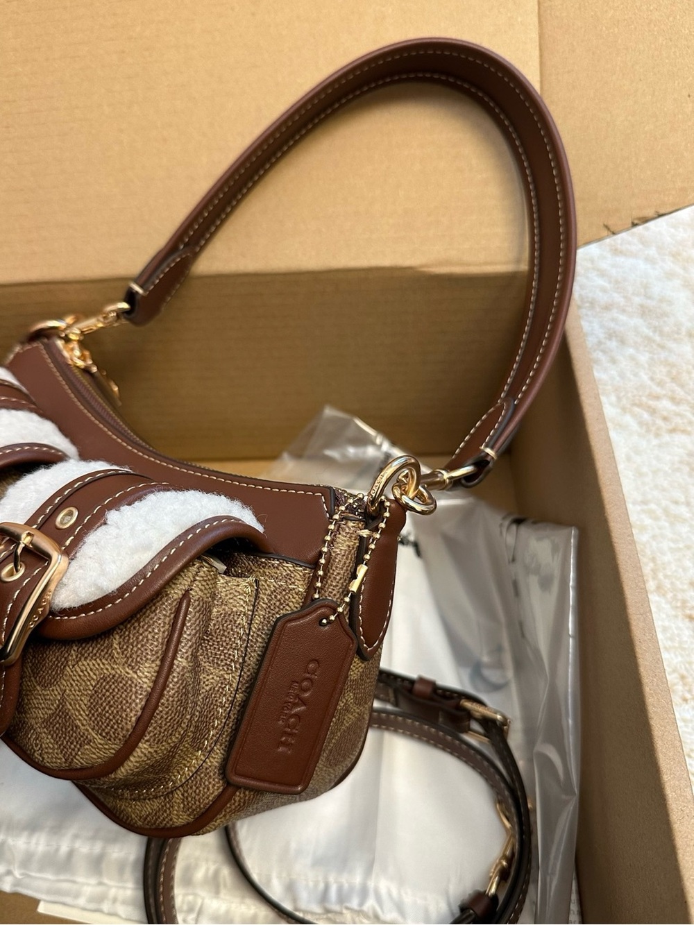 Coach Brown & Ivory Shearling-Trim Shoulder Bag - Picture 3 of 5